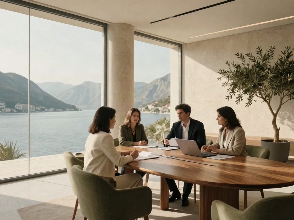 Consultants discussing business strategy in a sunlit meeting room overlooking the Montenegrin coast